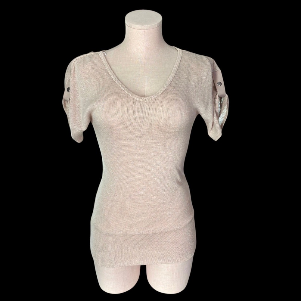 90s DEB Beige Knit Top S Longline Fitted Sweater USA Side Gathered V Neck